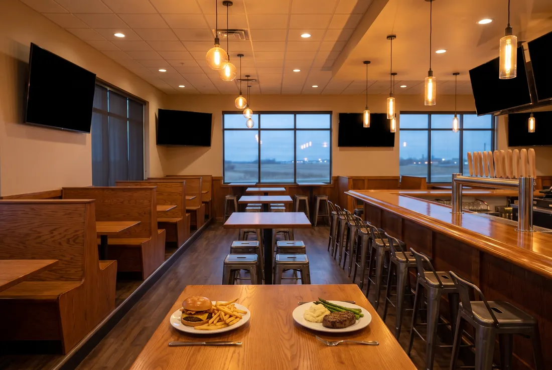 A sports bar dining room with wooden booths, steel stools, a long bar and switched-off screens, a burger and a steak plate on a table.
