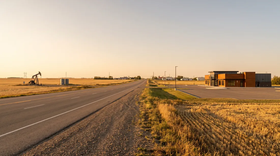 A prairie highway at golden hour, an oil pumpjack in a stubble field and a low building of wood, metal and glass beside a paved lot.